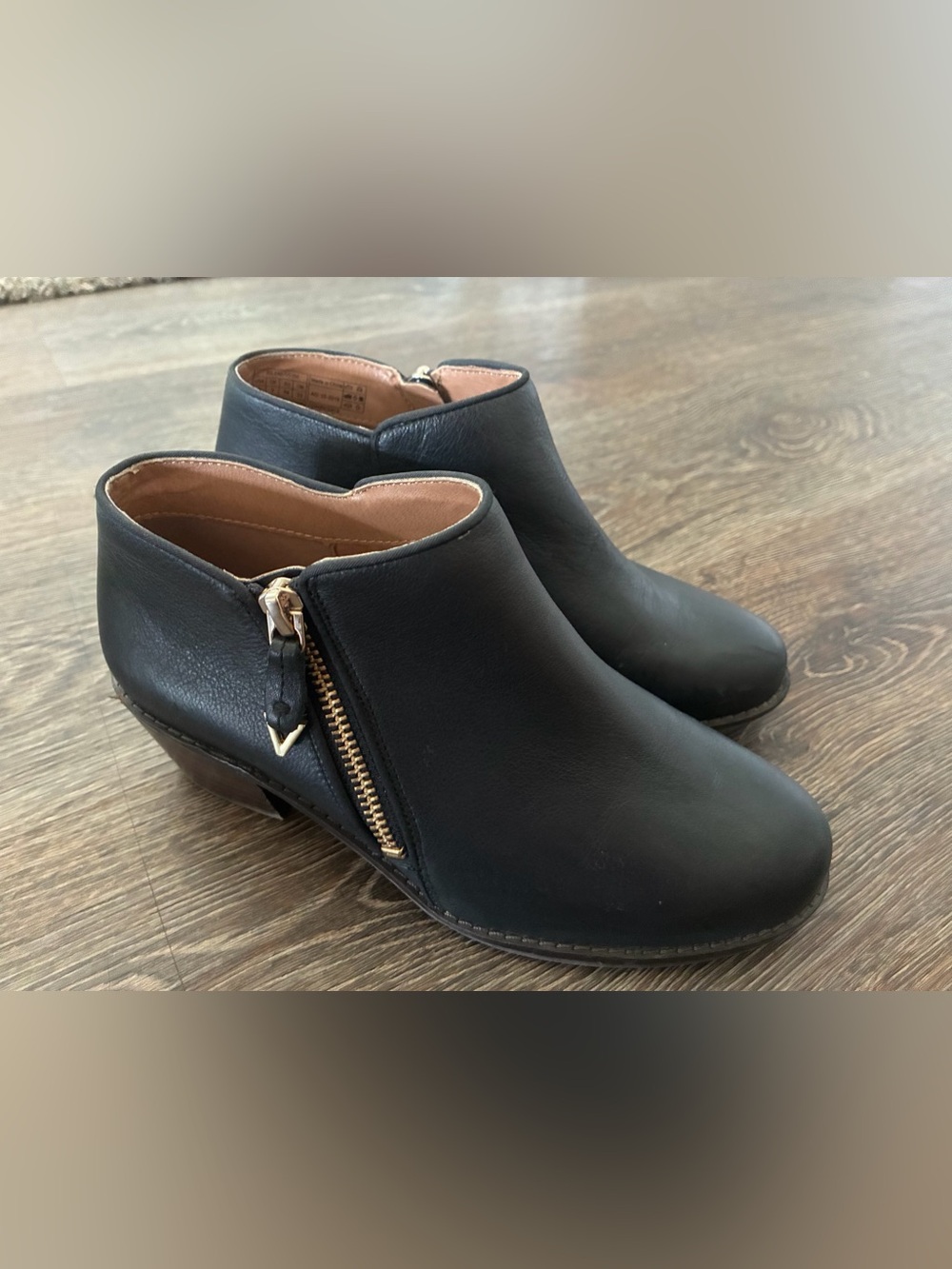 Vionic Black Leather Ankle Bootie with Gold Side Zip